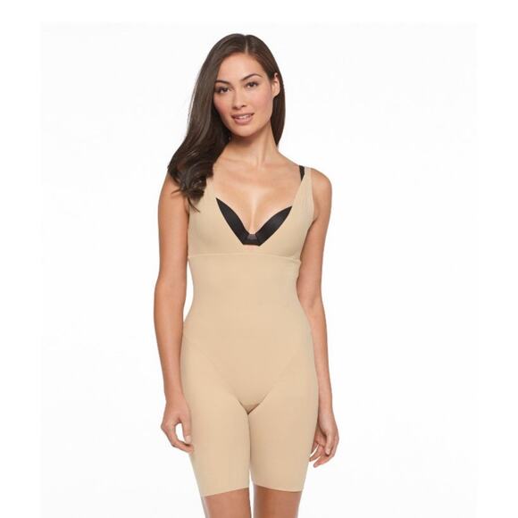 Maidenform 874 Shapewear Open Bust Mid Thigh Bodysuit 3XL Beige Firm Control - Picture 1 of 2